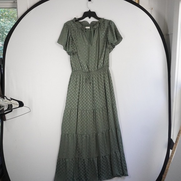 Max Studio Dresses & Skirts - Max Studio Maxi Dress Olive Green Polka Dot Tiered Ruffle Trim Western‎ Boho M